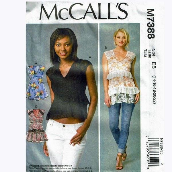 Empire-Waist Tops with Ruffle Peplum Sizes 14 16 18 20 22 Bust 36 38 40 42 44 OOP UNCUT Sewing Pattern McCall's M7388 Misses Tops