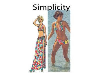 Simple to Sew Bikini and Wrap and Tie Skirt Size Small 8-10 2 Piece Halter Top Swim Wear Boho Bikini Simplicity 5644