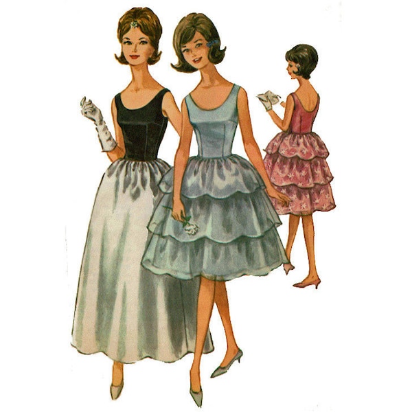 60s Party Dress Size 12T Bust 32 & Size 11 Bust 32 1/2 Tiered Scalloped Skirt prom formal 1960s Uncut Vintage Sewing Pattern McCalls 6577