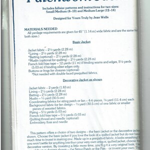 May include: A sewing pattern for a patchwork jacket. The pattern includes instructions for two sizes: Small/Medium (8-10) and Medium/Large (12-14). The pattern is designed by Jean Wells for Yours Truly.
