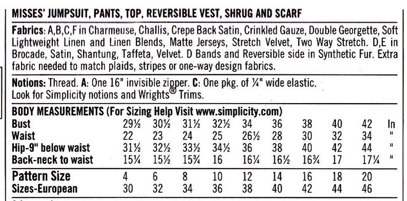 Simplicity 2476 Sizes 4 6 8 10 12 misses jumpsuit pants top reversible vest shrug scarf uncut OOP sewing pattern image 3