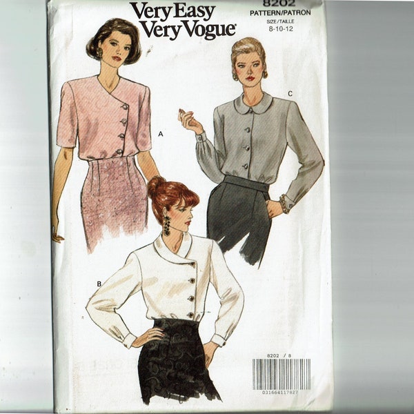 Vogue Blouse UNCUT Sewing Pattern Sizes 8 10 12 Very Easy Very Vogue 8202 Asymmetrical or front closing Classic tops 1990s