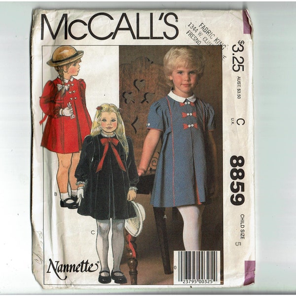 Little Girl size 5 Uncut Sewing Pattern 1980s short Children's Dress McCall's 8859 Nannette