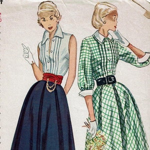 1950s Flared Skirt Blouse and Cummerbund Detachable Collar and Cuffs Vintage Sewing Pattern Size 12 Simplicity 3144