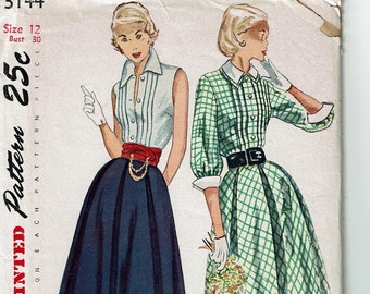 1950s Flared Skirt Blouse and Cummerbund Detachable Collar and Cuffs Vintage Sewing Pattern Size 12 Simplicity 3144