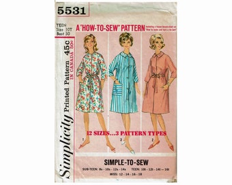 1960s Teen Robe Sewing Pattern Simplicity 5531 Size 10 T Bust 30 Simple to Sew House Dress Loose Robe 10T