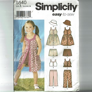 Girls Easy-to-Sew UNCUT Sewing Pattern Dress, Top, Pants, Shorts, Hat Girls Size 3-8 Simplicity 5540