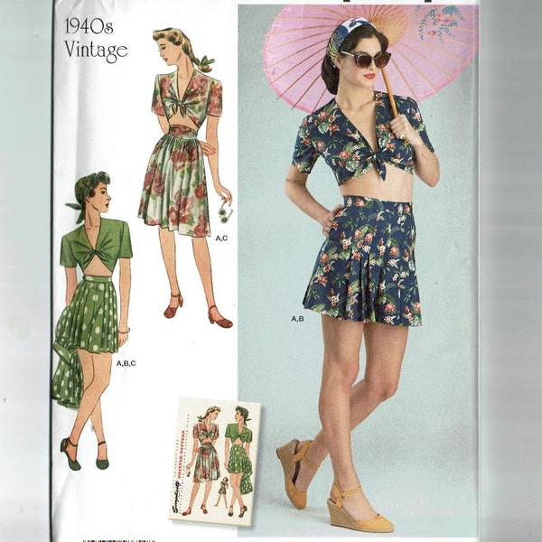 UNCUT Simplicity 8654 Misses' Sewing Pattern 4-12 or 12-20 reissue 1940s Vintage Skirt, Shorts and Tie Front Top S8654