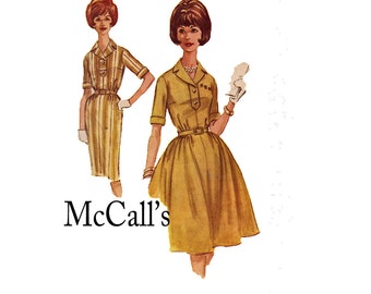 1962 Size 14 Bust 34 Misses Dress with Slim or Full Skirt McCall's 6389 sewing pattern with transfers for monogram