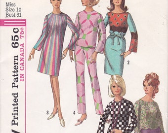 Simplicity 6214 sewing pattern for border or panel prints Size 10 slim cut pants top dress from 1965 uncut