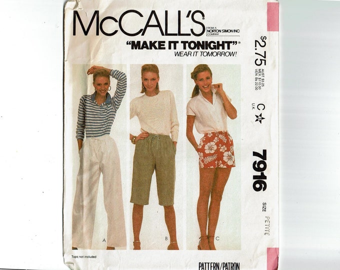 1980s Make It Tonight UNCUT Sewing Pattern Mccalls 7916 Pants or Shorts ...