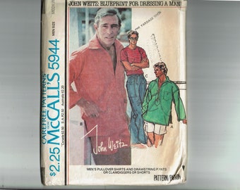 Mens Pullover Shirts and Drawstring Pants, Clamdiggers, Shorts Size Medium 38-40 sewing pattern McCall's 5944 1970s John Weitz