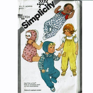 Baby Size 12 Months Sunsuit Playsuit Romper Overalls Top Bonnet Booties Kitty Cat 1 year Simplicity 5332 UNCUT Sewing Pattern 1980s