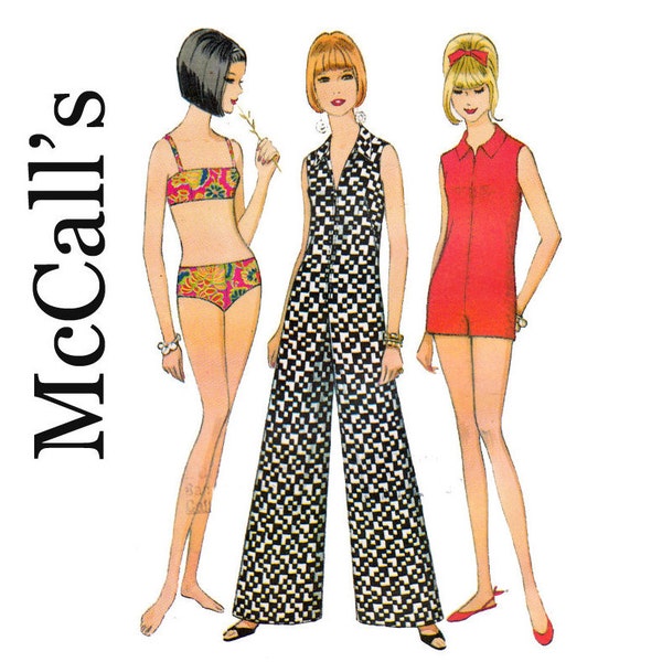 Vintage 1960s Vintage Sewing Pattern Palazzo Jumpsuit Romper Playsuit and Two-Piece Bathing Suit Size 14 Bust 34 McCalls 8738 Beachwear