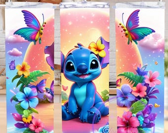 Envoltorio para vaso con diseño floral de mariposa y Stitch, diseño 3D abultado por sublimación (PNG)
