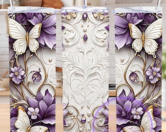 Envoltura de vaso con mariposa morada, diseño PNG de sublimación de vaso delgado de 20 oz, agregue nombre o texto, envoltura de vaso floral en blanco, regalo de vaso inflado,
