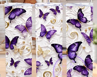 Envoltura de vaso con mariposa 3D, diseño PNG de sublimación de vaso delgado de 20 oz, agregue nombre o texto, envoltura de vaso floral en blanco, regalo de vaso inflado,