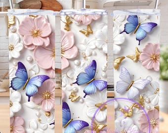 3D vlinder geboorte bloem beker sublimatie ontwerp, 20oz magere beker png, naam of tekst toevoegen blanco beker wrap, cadeau voor haar, digitale png