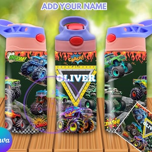 May include: A set of three water bottles with a monster truck theme. The bottles have a blue and pink lid, and the body of the bottles feature colorful monster trucks, the name "OLIVER", and the words "VROOM!", "CRASH!", and "SMASH!".