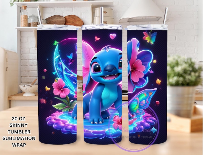 3D Stitch watercolor Colorful neon Tumbler Wrap, Stitch Tumbler Wrap Sublimation Design PNG, 20oz Skinny Straight & Tapered Stitch Tumbler