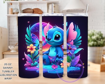 花柄ステッチ水彩タンブラーラップ、3D立体立体昇華プリントデザイン（デジタルファイル）