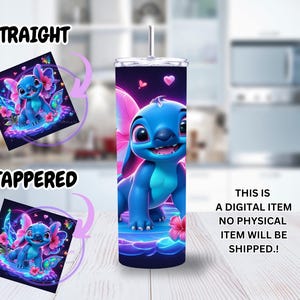 Puede incluir: Un vaso azul con un dise&ntilde;o de personaje de dibujos animados, sobre un fondo iluminado con ne&oacute;n con acentos rosas y flores. La imagen incluye el texto "STRAIGHT" y "TAPPERED". Tambi&eacute;n est&aacute; presente el texto "THIS IS A DIGITAL ITEM NO PHYSICAL ITEM WILL BE SHIPPED.!"