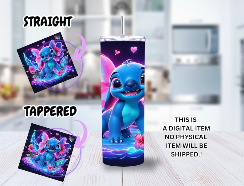 Puede incluir: Un vaso azul con un dise&ntilde;o de personaje de dibujos animados, sobre un fondo iluminado con ne&oacute;n con acentos rosas y flores. La imagen incluye el texto "STRAIGHT" y "TAPPERED". Tambi&eacute;n est&aacute; presente el texto "THIS IS A DIGITAL ITEM NO PHYSICAL ITEM WILL BE SHIPPED.!"