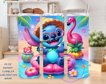 Diseño PNG para vaso de Lilo y Stitch: Diseño floral de monstruo azul (Descarga digital)