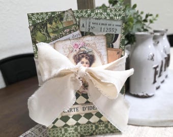 Handmade Junk Journal: Hardcover Journal, Green, Embellished with Vintage Style Ephemera