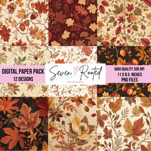 Può includere: Un pacchetto di carta digitale con 12 design a tema autunnale. I design includono foglie, ghiande ed elementi floreali in tonalità marroni, arancioni e crema. Il testo sull'immagine recita "DIGITAL PAPER PACK" e "Seven Rooted Designs". La carta misura 27,9 x 21,6 cm.