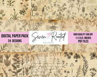 Paquete de papeles digitales botánicos vintage 1: Páginas imprimibles para álbumes de recortes y diarios creativos, descarga instantánea en PDF.