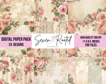 Paquete de papeles digitales florales 1: Estilo shabby chic, rosas, páginas imprimibles para álbumes de recortes y diarios creativos. Descarga instantánea en PDF.