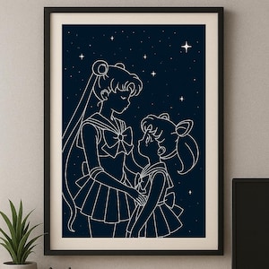 Minimalist Sailor Moon & Chibiusa Starry Night Line Art Unframed Poster | Anime Wall Art | Magical Girl Poster