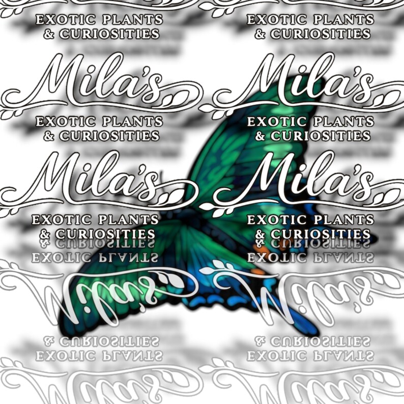 May include: A digital illustration of a butterfly with green and blue wings. The image includes the text "Mila's Exotic Plants & Curiosities" in a decorative font, set against a white background.