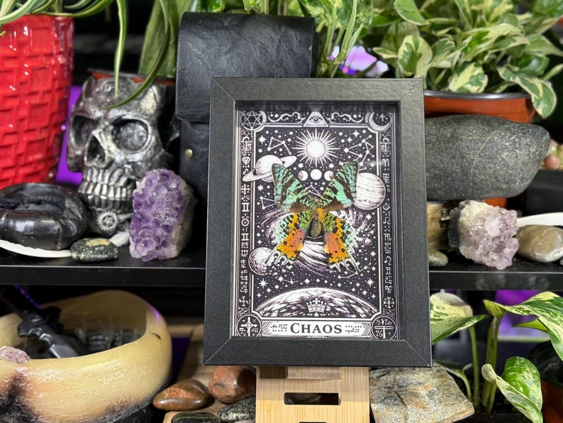 May include: A framed black and white print depicting a butterfly with orange and green wings, set against a celestial background with planets and stars. The word "CHAOS" is printed at the bottom. The frame is displayed on a wooden stand.