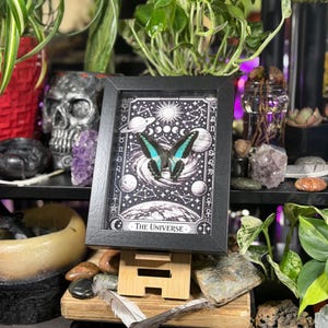 Op de afbeelding: Een ingelijste zwart-wit print van een vlinder met turquoise vleugels, tegen een hemelse achtergrond. De print heeft de titel "The Universe". De afbeelding wordt weergegeven op een houten ezel, omringd door planten en decoratieve items.