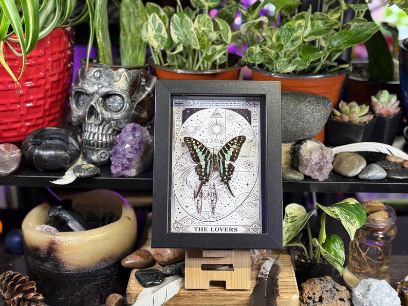 Puede incluir: Una obra de arte enmarcada con una mariposa de alas negras y turquesas, sobre un fondo blanco con dise&ntilde;os celestiales y geom&eacute;tricos. El texto "THE LOVERS" est&aacute; en la parte inferior. El marco es negro y la obra se exhibe sobre un soporte de madera.