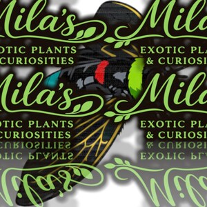 May include: A logo for "Mila's Exotic Plants & Curiosities" featuring a stylized insect with black, red, green, and blue accents. The text is in a flowing green script with a decorative leaf design.
