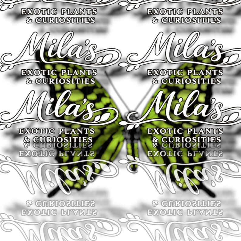 May include: A repeating pattern featuring a butterfly with green and black wings. The butterfly design is overlaid with the text "Mila's" in a decorative script, along with the words "Exotic Plants & Curiosities".