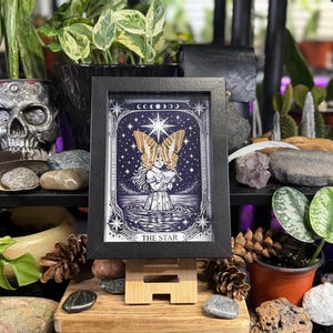 May include: A framed print of "The Star" tarot card, depicting a woman with butterfly wings against a starry night sky. The black frame is on a wooden easel, surrounded by plants, rocks, and a skull.