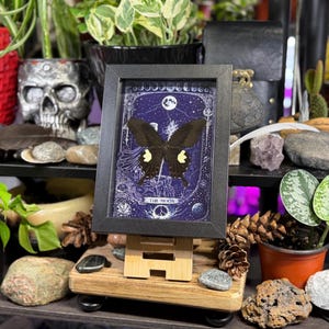 May include: A framed print featuring a black butterfly with yellow markings, set against a dark blue background with celestial imagery. The frame is black, and the print is displayed on a small wooden easel. The text "THE MOON" is visible.