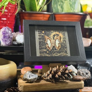May include: A framed butterfly art piece with a black frame. The artwork features a butterfly with brown and white wings against a background of stars and a golden sun. The frame is displayed on a wooden stand with a pinecone and rocks.
