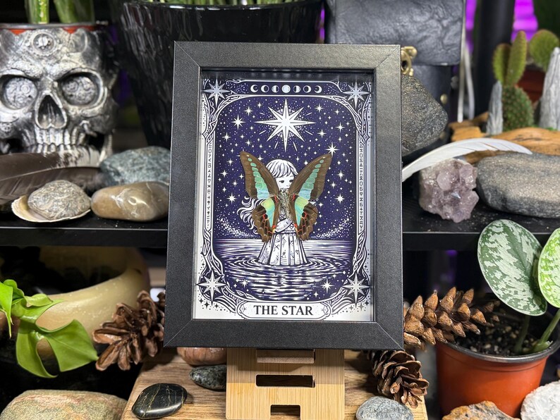 Op de afbeelding: Ingelijste illustratie met een hemels ontwerp met een centrale figuur met vlindervleugels, tegen een sterrenhemel. Het kunstwerk is onderaan voorzien van het opschrift "THE STAR", is zwart omlijst en staat op een houten standaard.