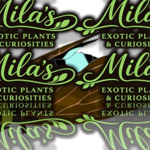 May include: Image features the text "Mila's Exotic Plants & Curiosities" in a stylized green font. A brown insect with blue accents is in the center. The design is repeated multiple times with a blurred effect.