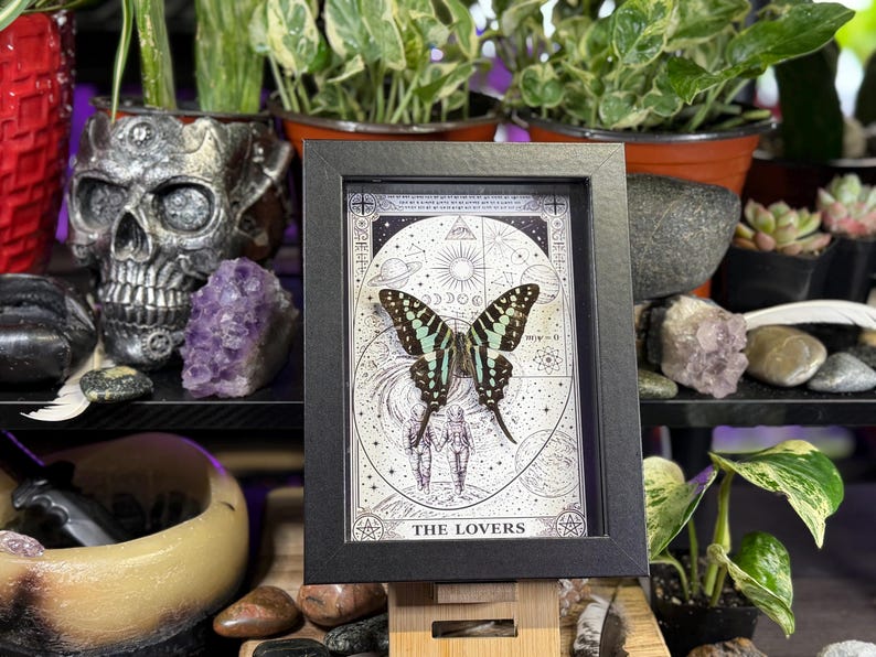 Puede incluir: Una impresi&oacute;n enmarcada en negro que presenta una mariposa con marcas negras y turquesas, sobre un dise&ntilde;o celestial. La impresi&oacute;n est&aacute; etiquetada como "THE LOVERS" y se muestra en un soporte de madera.
