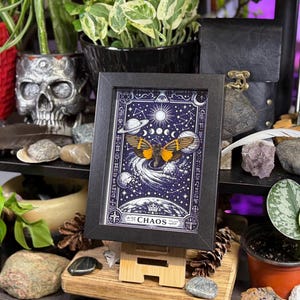 May include: A framed print with a dark blue background featuring a celestial design with a butterfly and the word "CHAOS". The print is displayed on a small wooden easel, surrounded by plants, rocks, and decorative items. The print has a black frame.