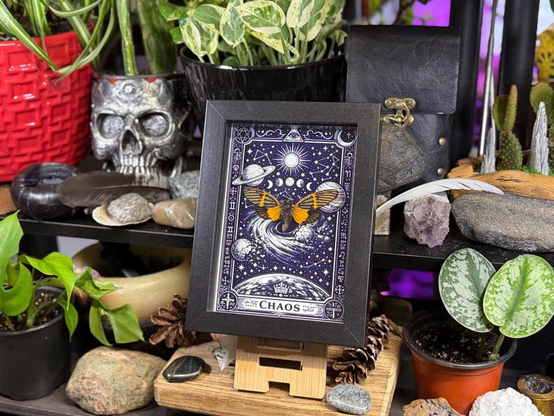 May include: A framed print with a dark blue background featuring a celestial design with a butterfly and the word "CHAOS". The print is displayed on a small wooden easel, surrounded by plants, rocks, and decorative items. The print has a black frame.