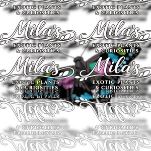 Puede incluir: Un dise&ntilde;o decorativo con una mariposa de alas negras, rosas y azules. La imagen incluye el texto "Mila's" en una fuente estilizada, junto con "EXOTIC PLANTS & CURIOSITIES" en un patr&oacute;n repetitivo.