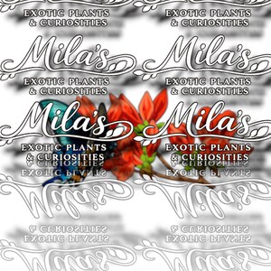 以下が含まれることがあります： 装飾的な筆記体で「Mila's Exotic Plants & Curiosities」のテキストが繰り返されるパターン。赤い花と青い蝶のデザインで、白い背景が特徴です。