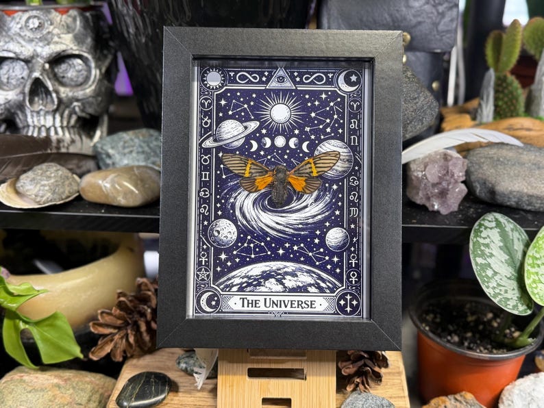 K&ouml;nnte beinhalten: Gerahmter Kunstdruck mit einem Himmelsmotiv, das Planeten, Sterne und eine Motte zeigt. Das Kunstwerk ist &uuml;berwiegend blau und wei&szlig;, mit orangefarbenen und schwarzen Akzenten auf der Motte. Der Text "The Universe" befindet sich unten.